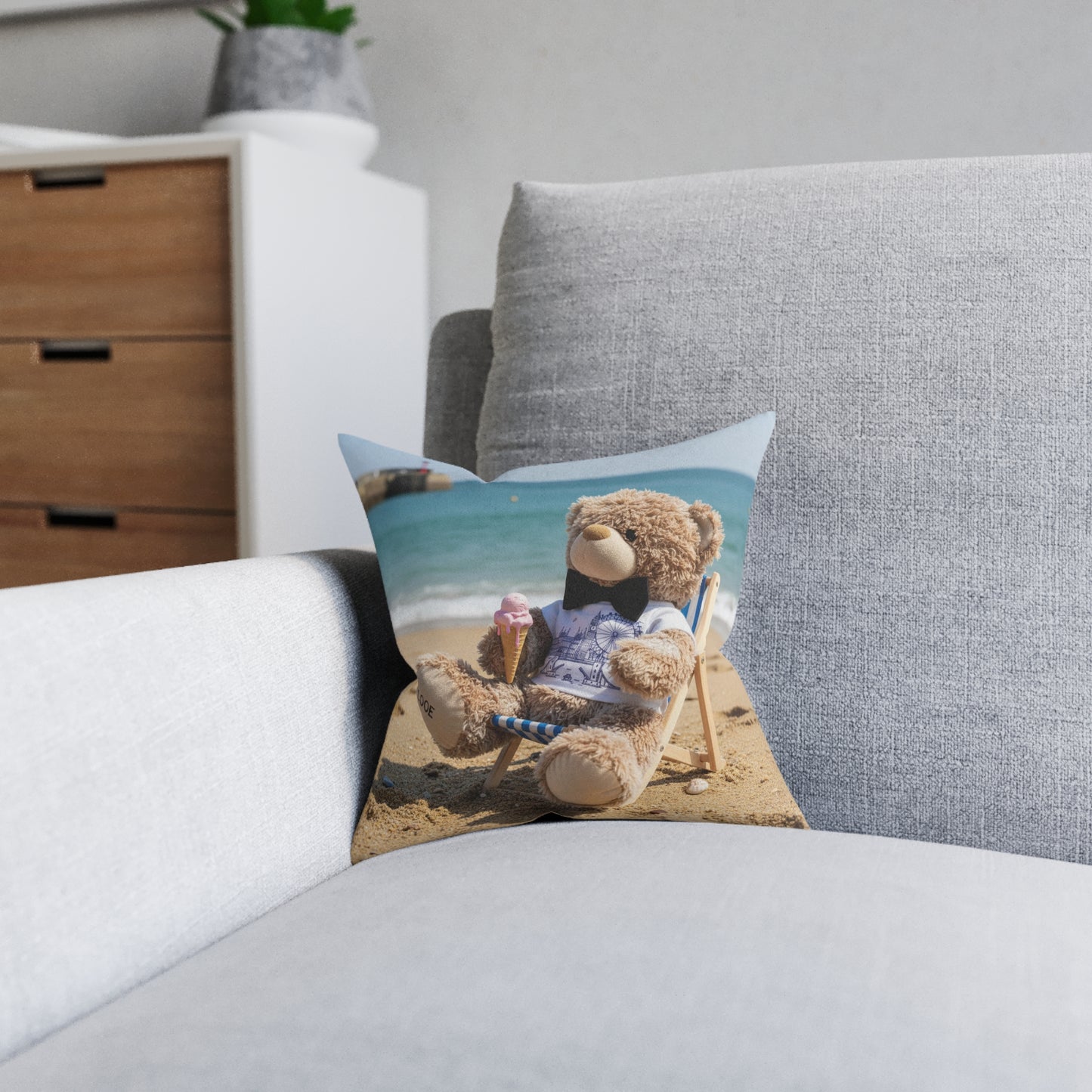 Teddy on Tour Candy Bear at Looe Beach Square Pillow