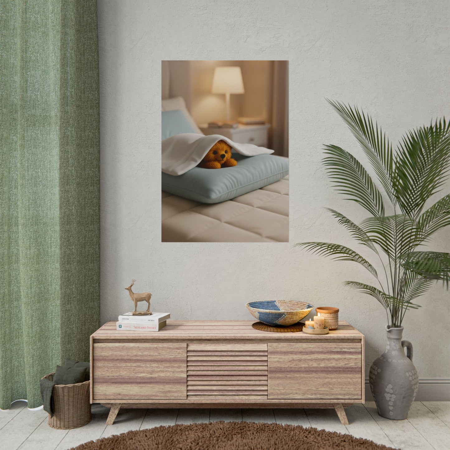 Teddy On Tour Teddy under pillowcase poster Rolled Posters