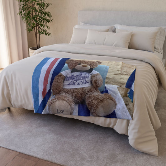 Teddy On Tour Candy Bear at Looe Beach Soft Polyester Blanket