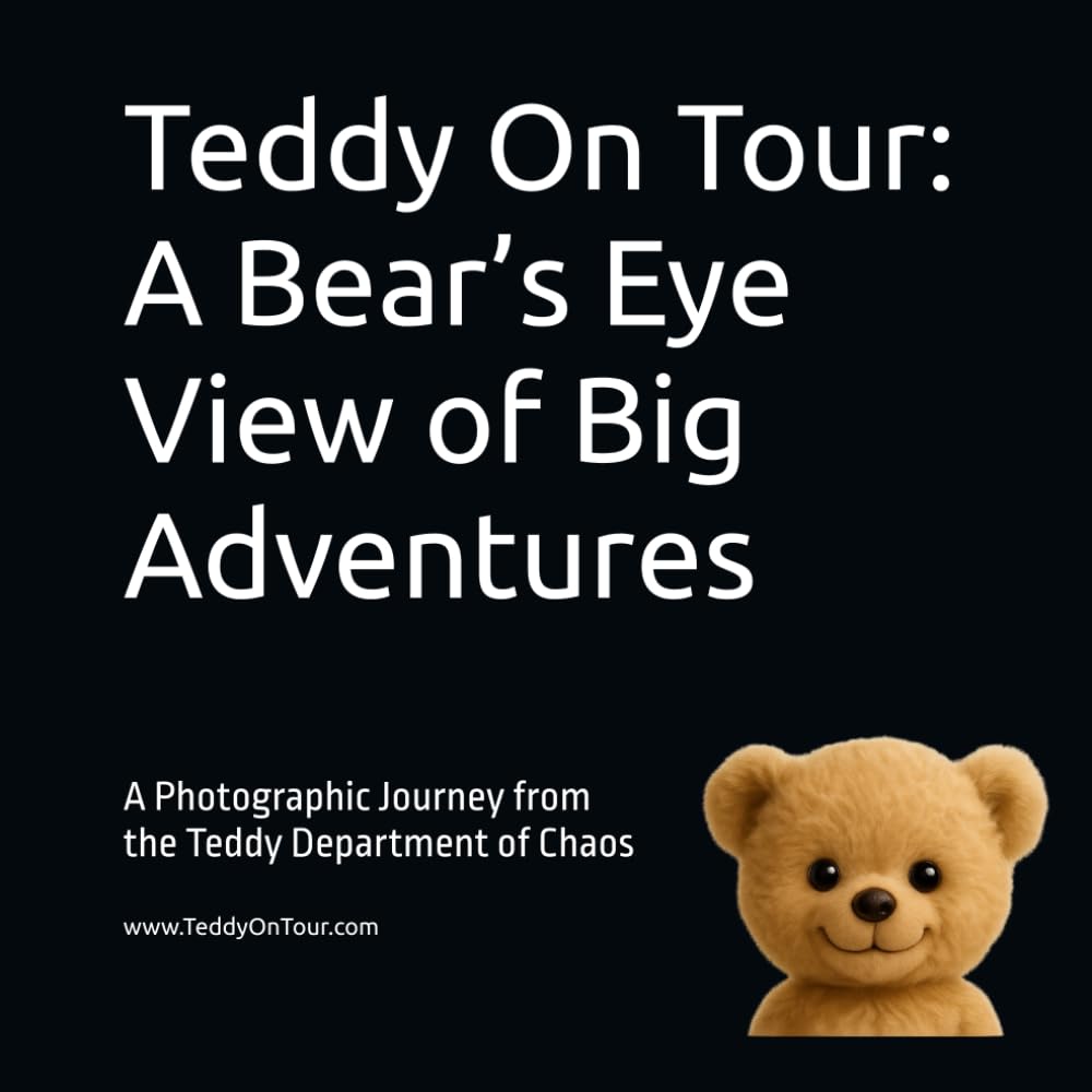 A square promotional graphic with a black background, large white text reading 'Teddy On Tour: A Bear's Eye View of Big Adventures,' smaller white subtitle text, the website www.TeddyOnTour.