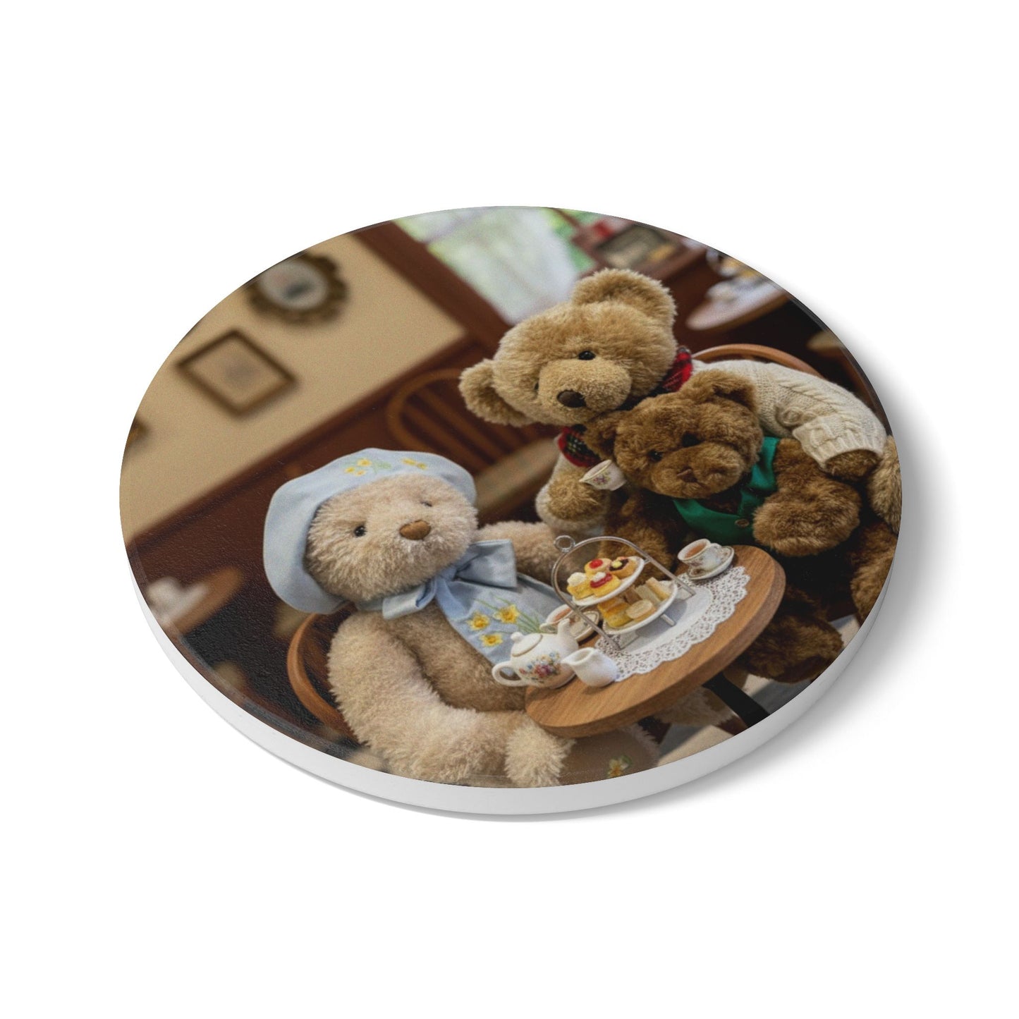 Teddy on Tour Bear Family enjoy afternoon tea Ceramic Coaster