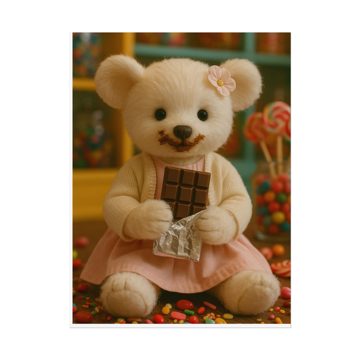 Teddy on Tour Bella in a sweet shop Rolled Posters