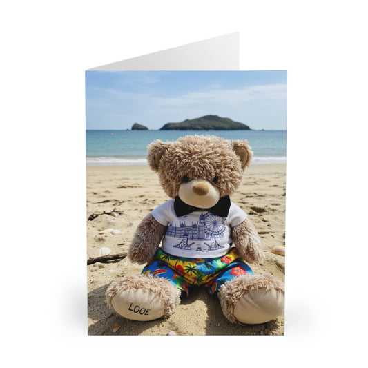 Teddy On Tour – Candy Bear at Looe Beach Greeting Cards (5 Pack)