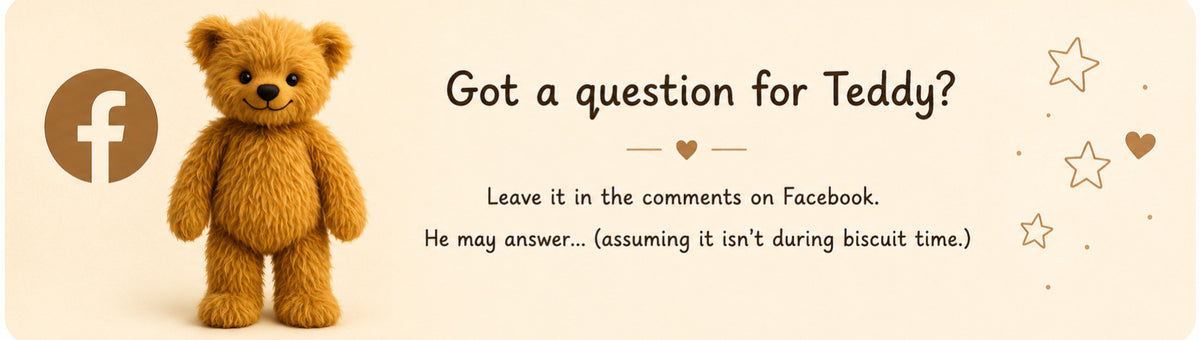 A promotional graphic with a plush teddy bear on the left and text on a warm cream background. The text reads, 'Got a question for Teddy? Leave it in the comments on Facebook.