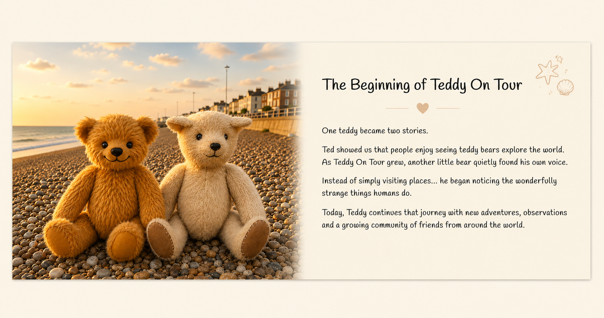 A children's book cover titled 'The Beginning of Teddy On Tour' featuring two teddy bears sitting on a pebble beach at sunset, with a short story preview on the right side against a cream background.