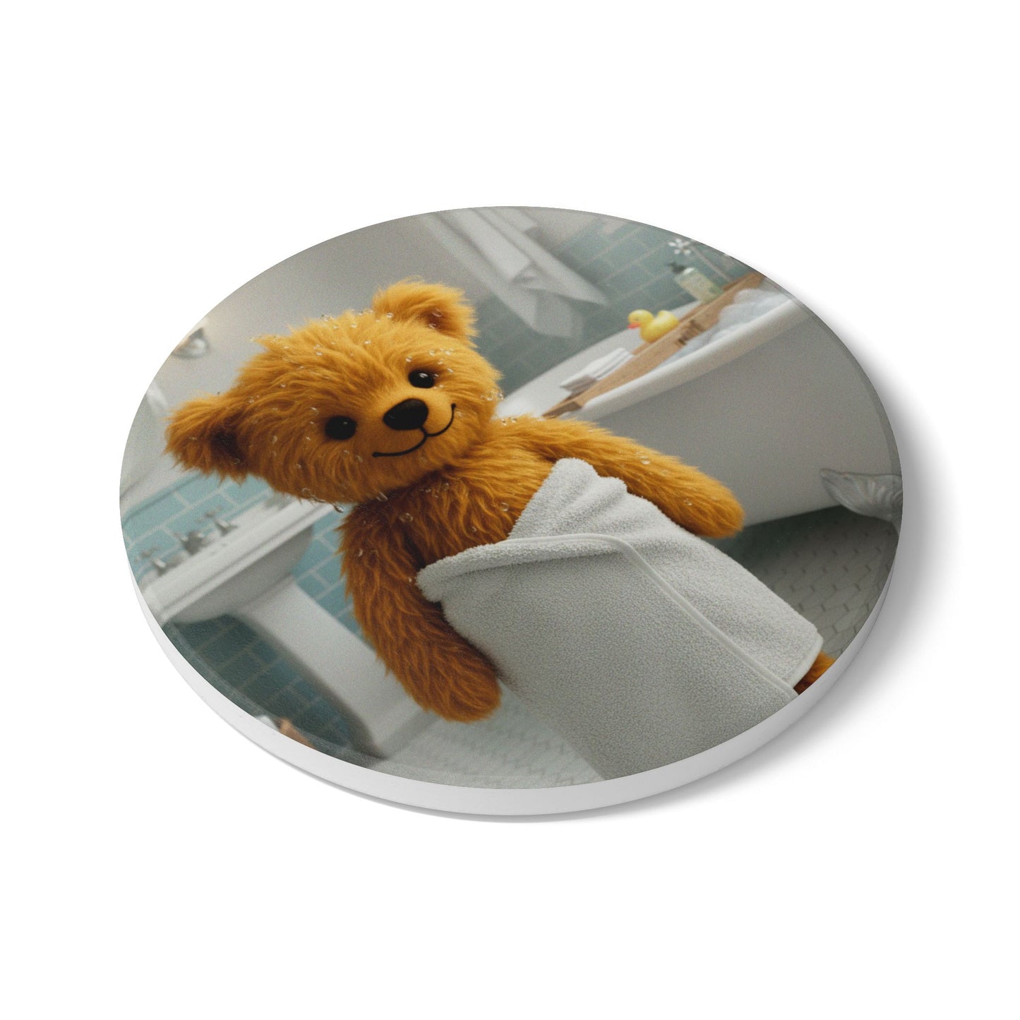 Teddy on Tour Teddy after a bath Ceramic Coaster ( look for matching mug )