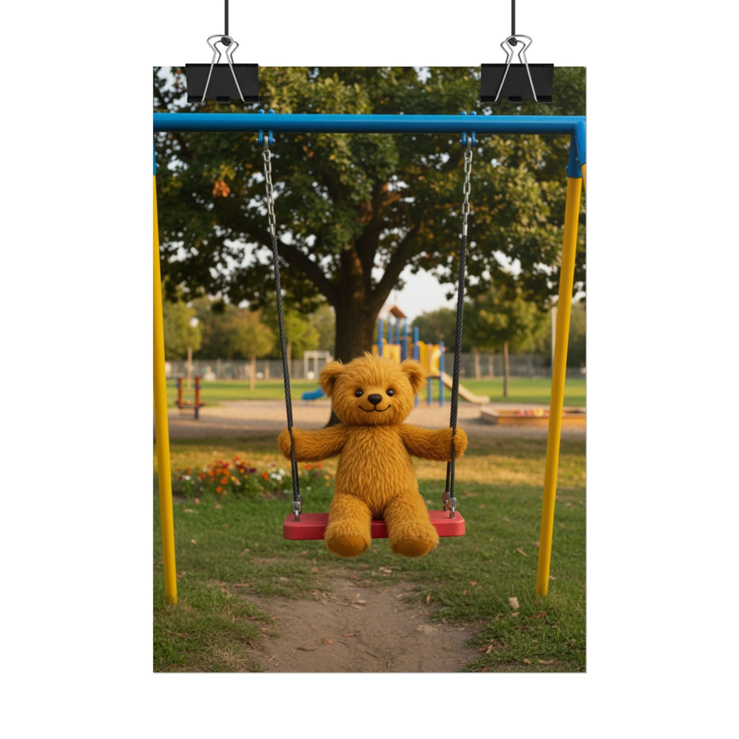 Teddy On Tour Teddy on a swing poster Rolled Posters