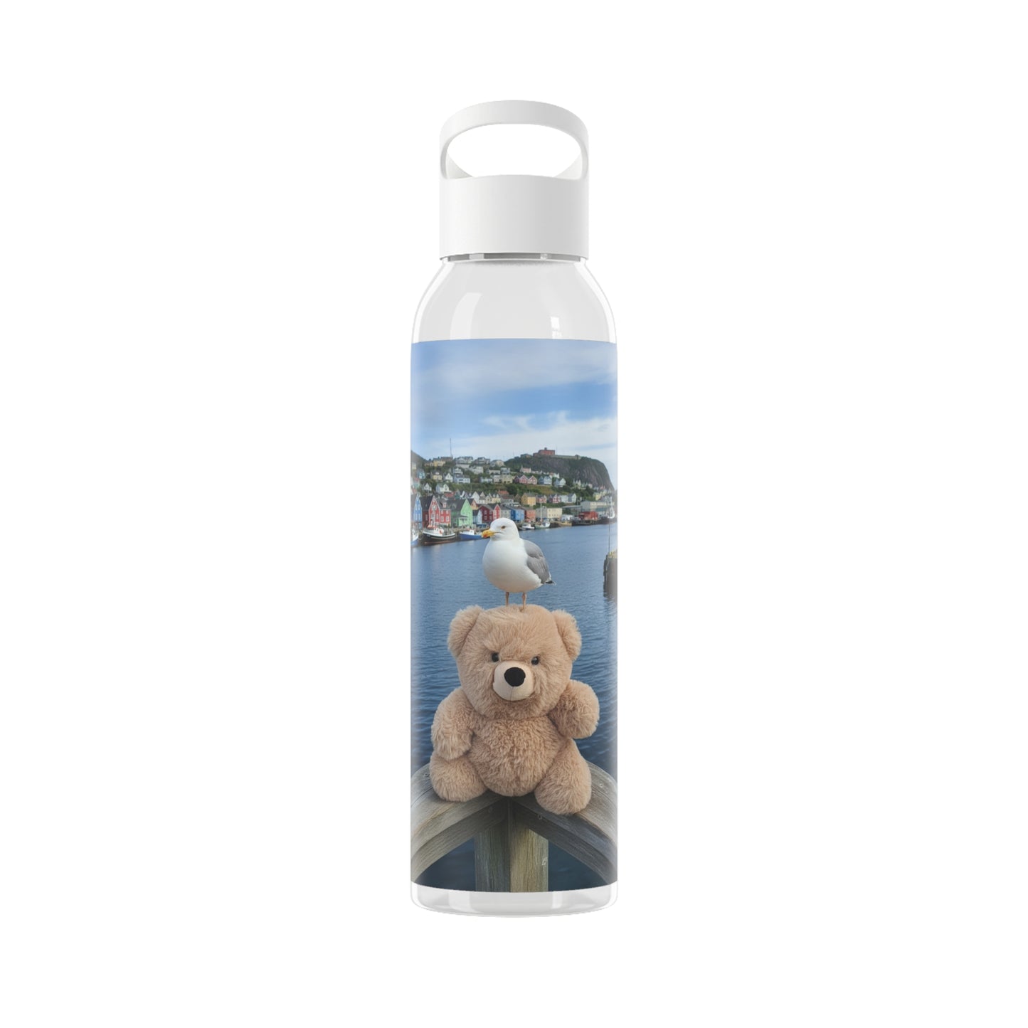 Teddy on Tour Fluffy in Newfoundland Sky Water Bottle