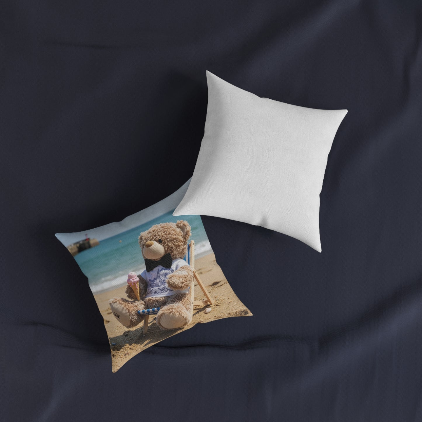 Teddy on Tour Candy Bear at Looe Beach Square Pillow