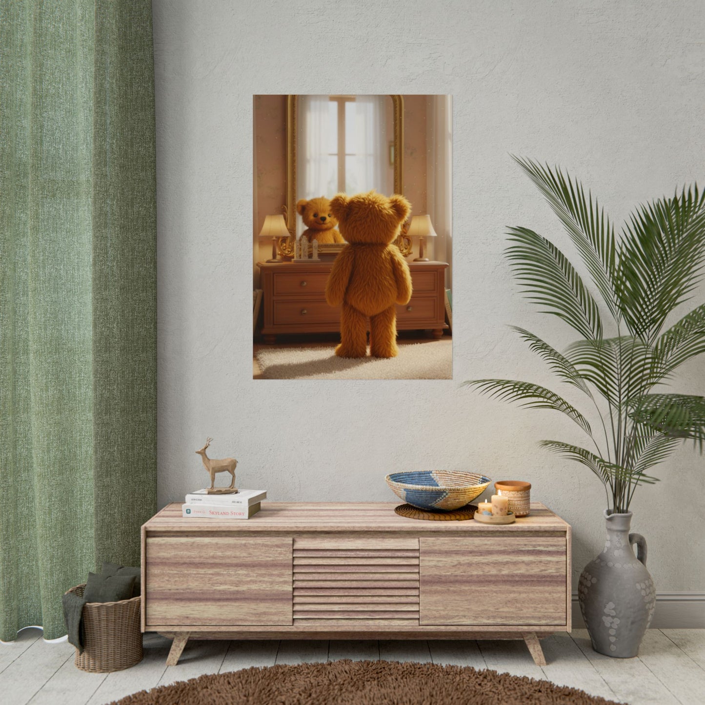 Teddy On Tour Teddy looking in mirror poster Rolled Posters