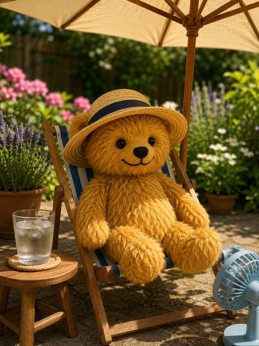 A golden-brown plush teddy bear wearing a straw hat with a navy band, sitting in a blue-and-white striped deck chair in a garden patio setting under a beige umbrella, with a small side table, glass of water, and a blue fan nearby.