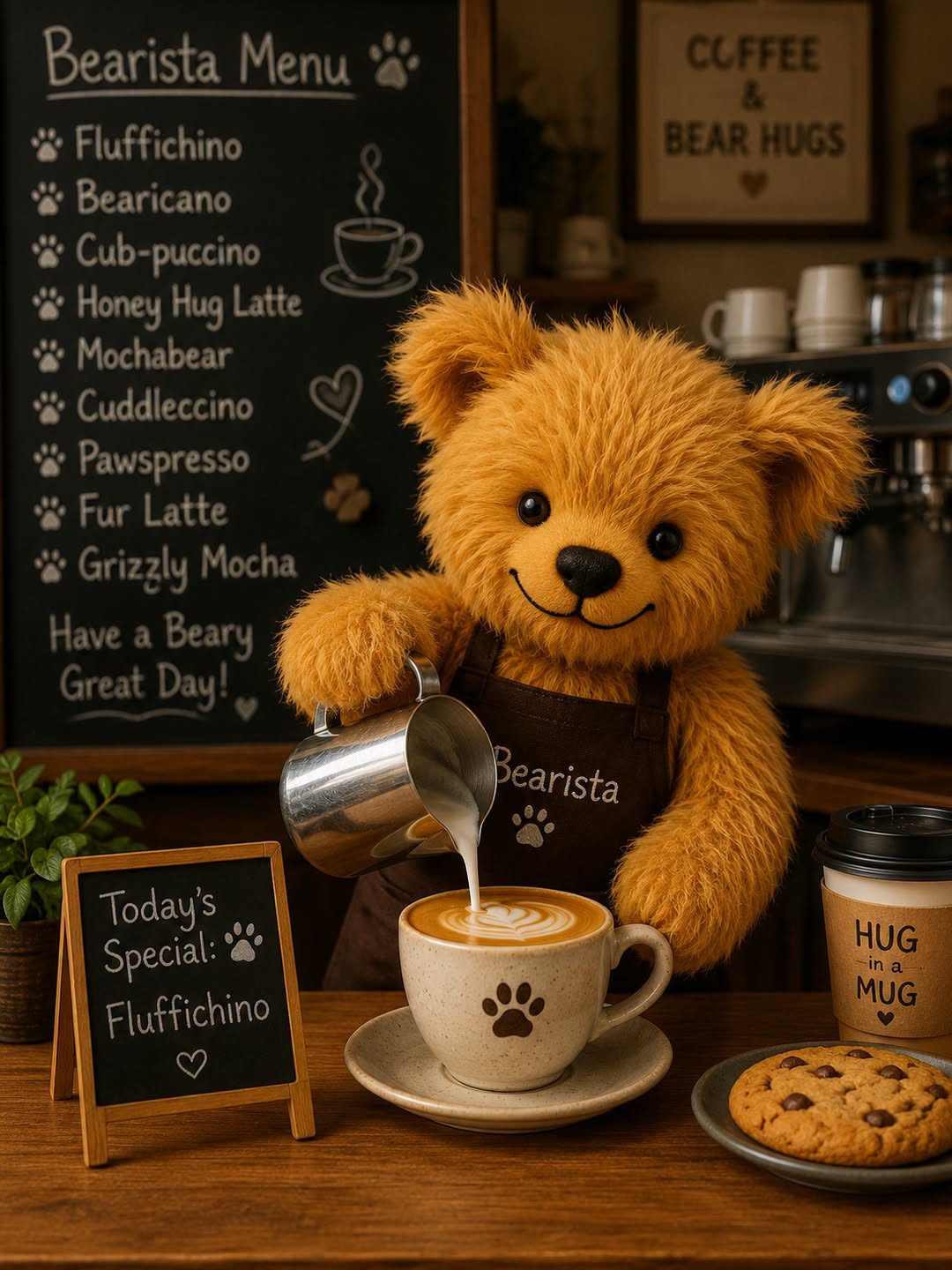A plush golden-brown teddy bear wearing a dark brown apron labeled 'Bearista' pours milk into a cup of coffee at a cafe counter. A coffee menu chalkboard, a 'Today's Special: Fluffichino' sign, a takeaway coffee cup, and a chocolate chip cookie are visible in the background.