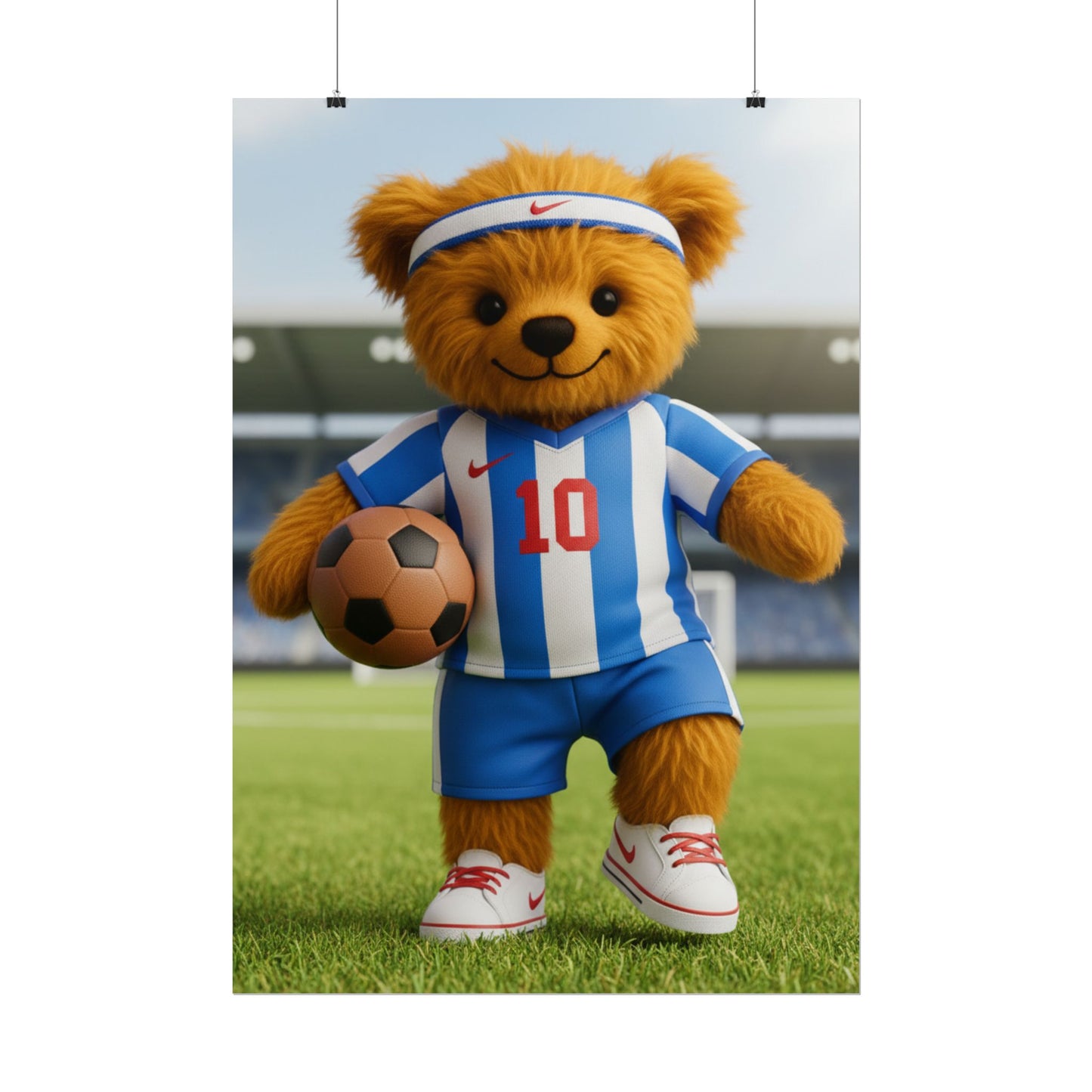 Teddy On Tour Teddy playing football poster Rolled Posters
