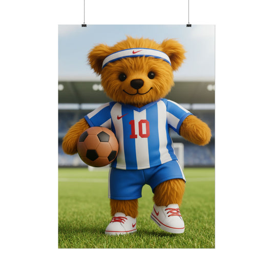 Teddy On Tour Teddy playing football poster Rolled Posters