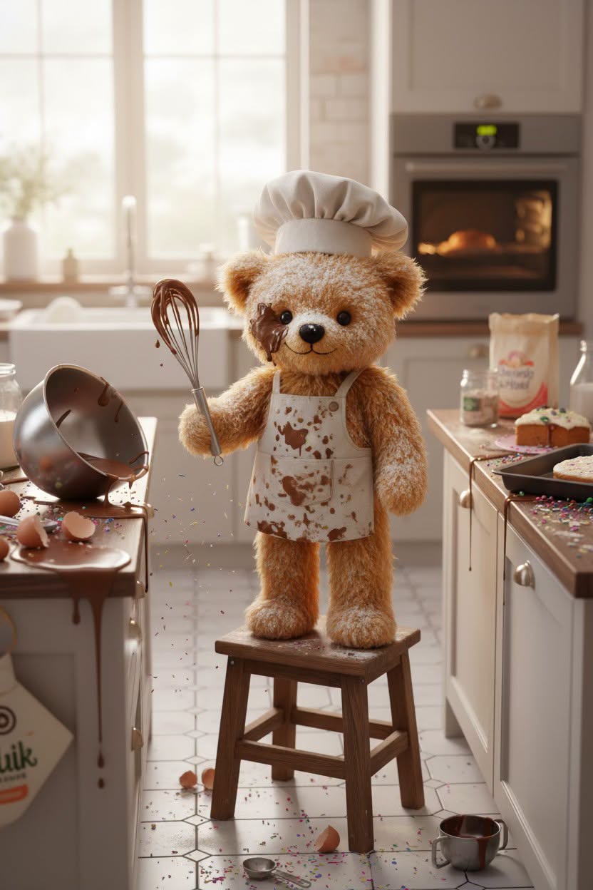 A teddy bear wearing a white chef's hat and a brown-and-white spotted apron stands on a wooden stool in a real kitchen, holding a whisk. The scene includes countertops with baking items, a bowl, cracked eggs, and a stove in the background.
