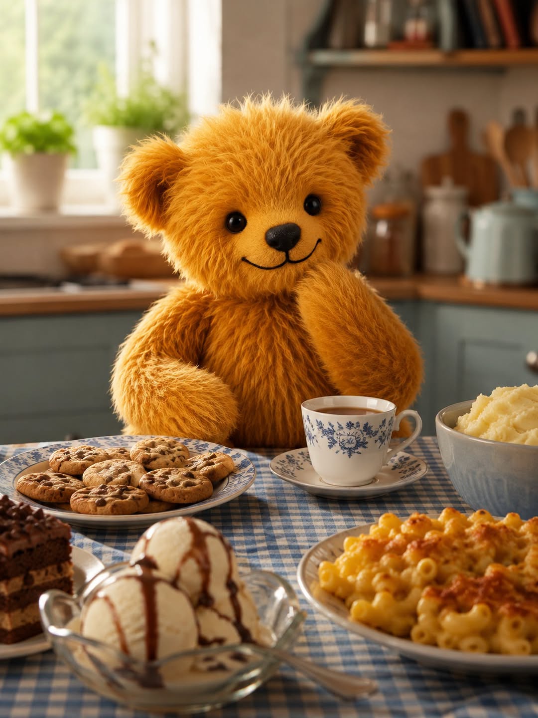 A golden-brown plush teddy bear sits at a table in a cozy kitchen setting, surrounded by food including cookies, macaroni and cheese, ice cream, and a cup of coffee on a blue-and-white checkered tablecloth.