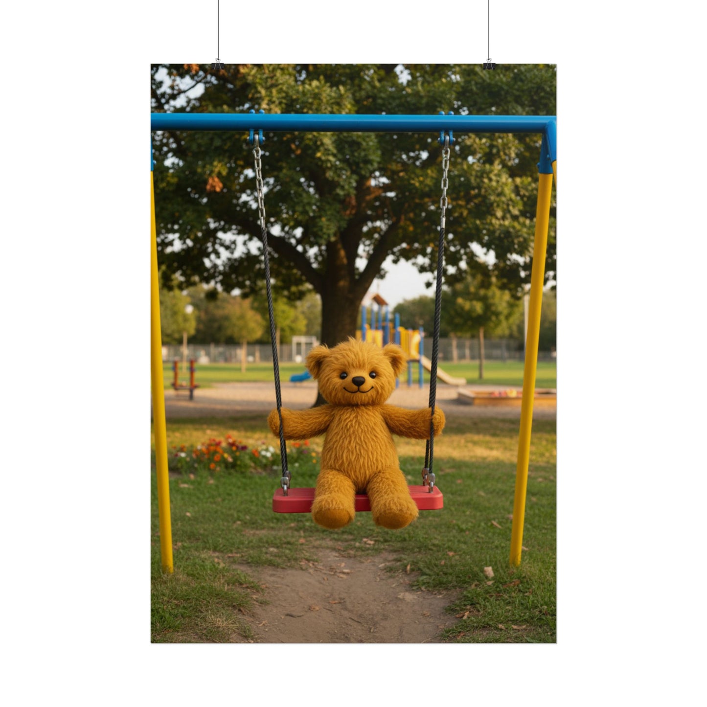 Teddy On Tour Teddy on a swing poster Rolled Posters