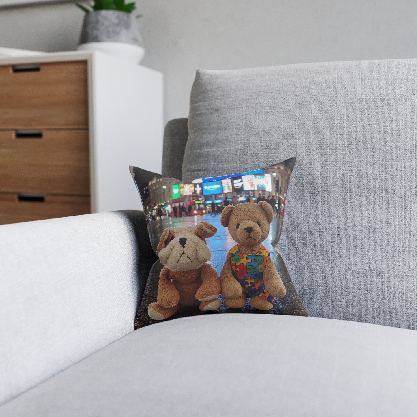 Teddy on Tour Cubby Bear and Danny Dog in London Square Pillow