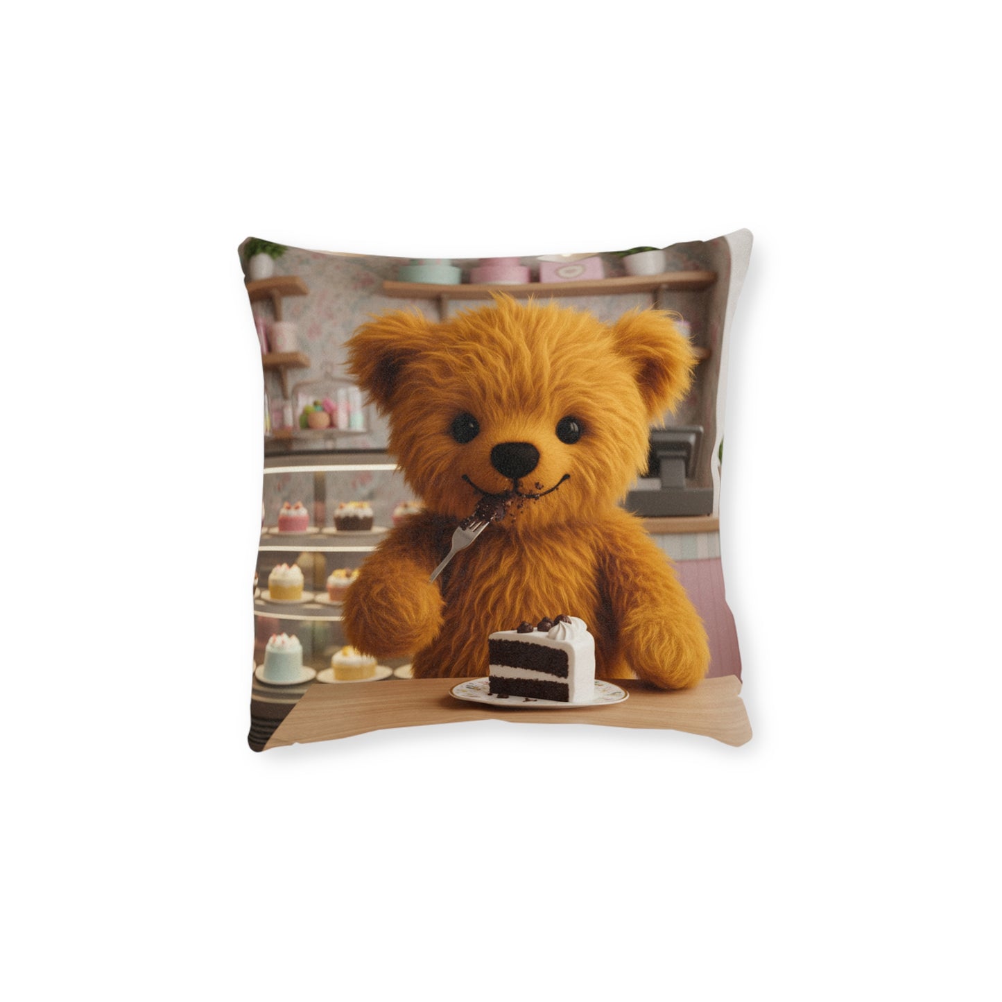 Teddy on Tour Teddy Eating Cake Square Cushion
