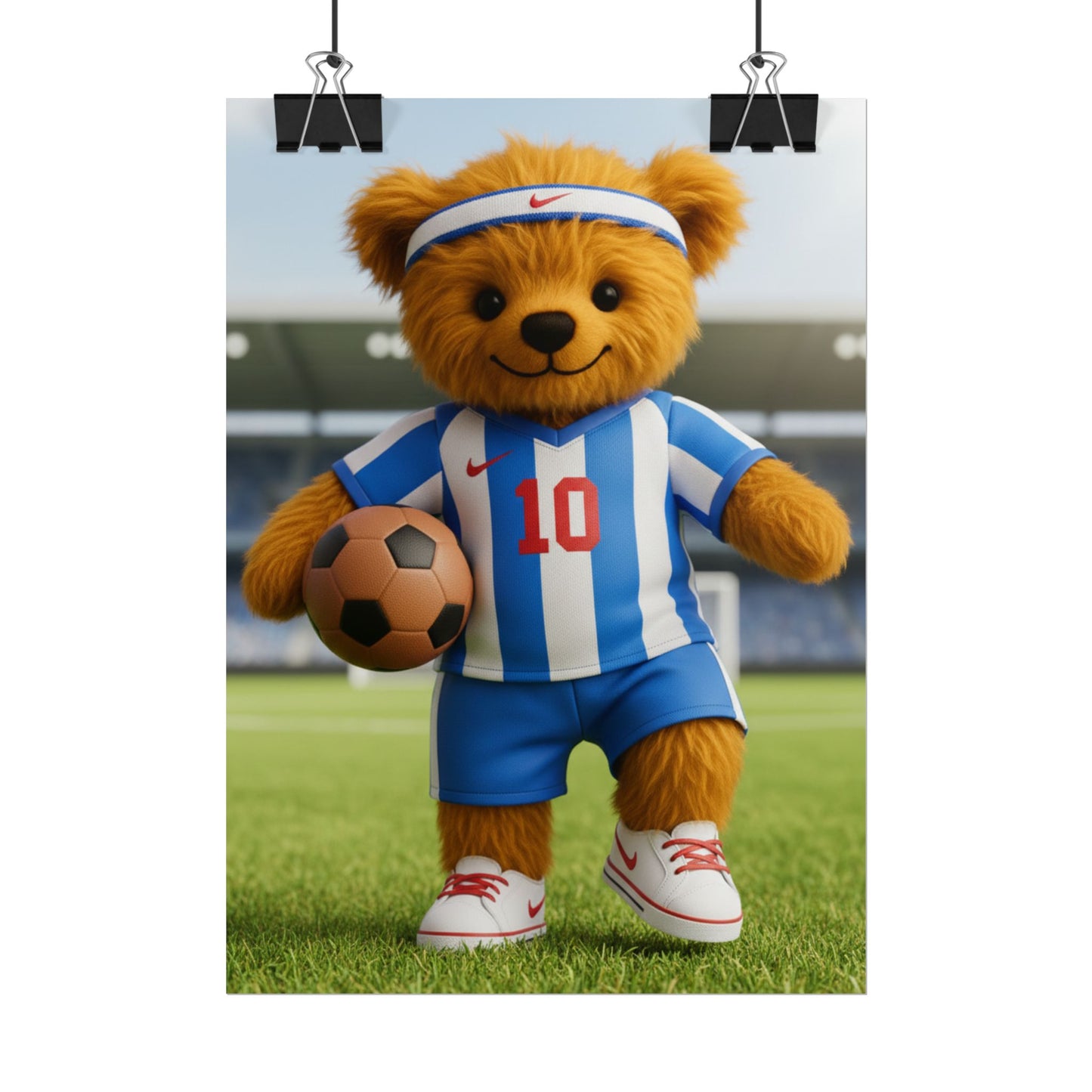 Teddy On Tour Teddy playing football poster Rolled Posters