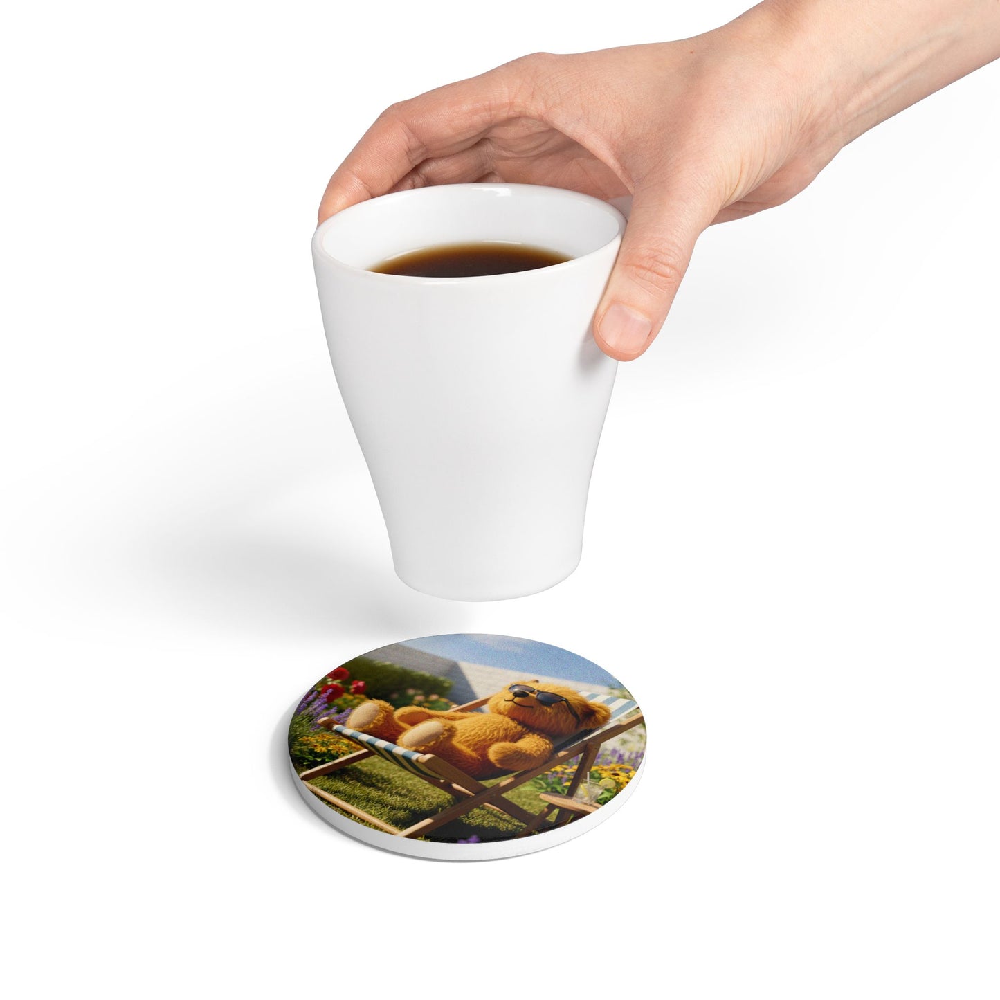 Teddy on Tour Teddy in deckchair Ceramic Coaster ( look for matching mug )
