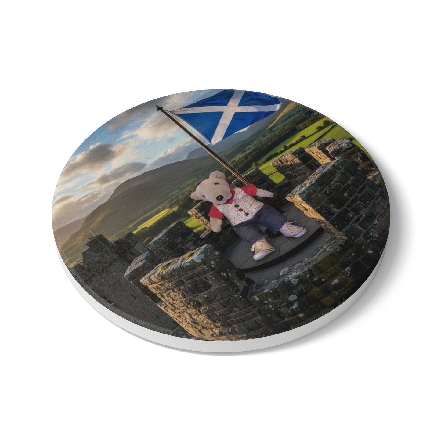 Teddy on Tour Andrew in Scotland Ceramic Coaster