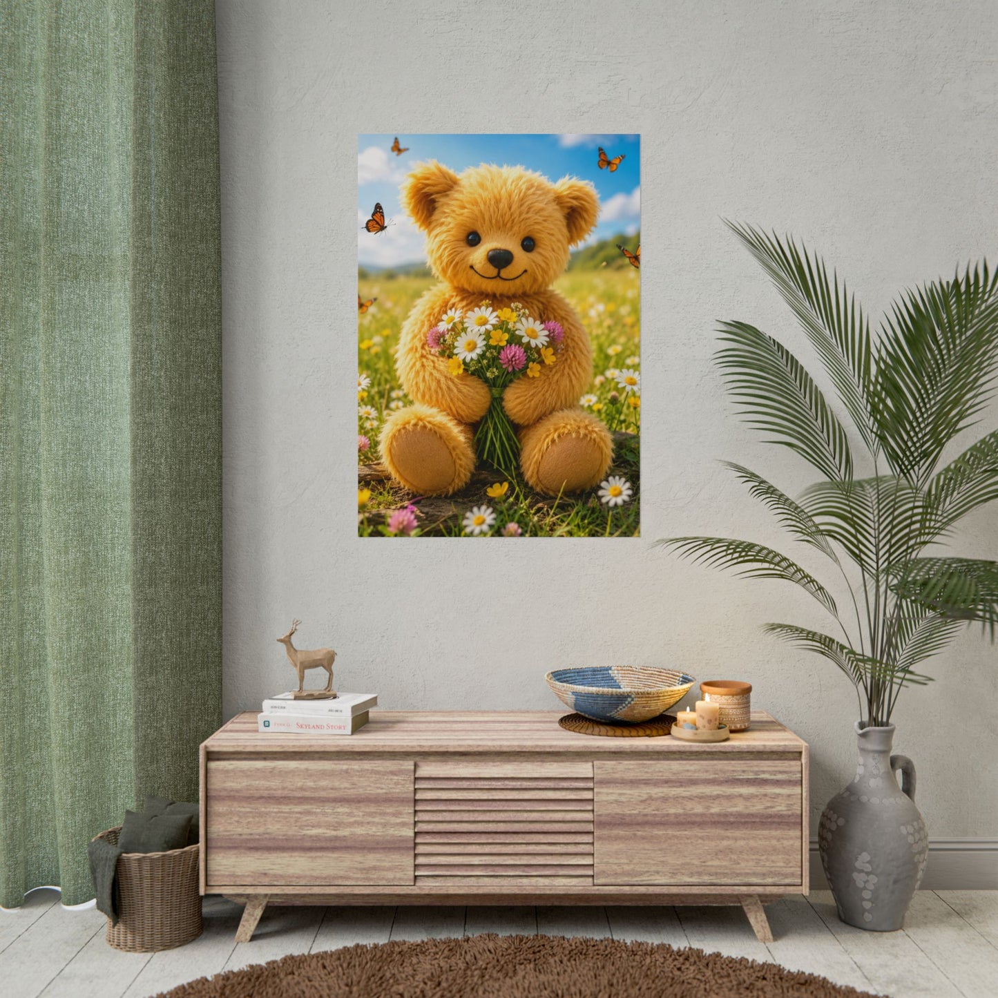 Teddy On Tour Teddy with flowers poster Rolled Posters
