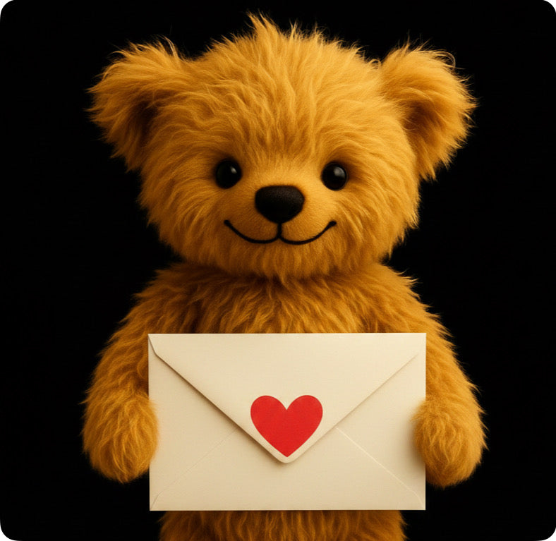 A golden-brown plush teddy bear holding a cream-colored envelope with a red heart on the front, set against a solid black background.