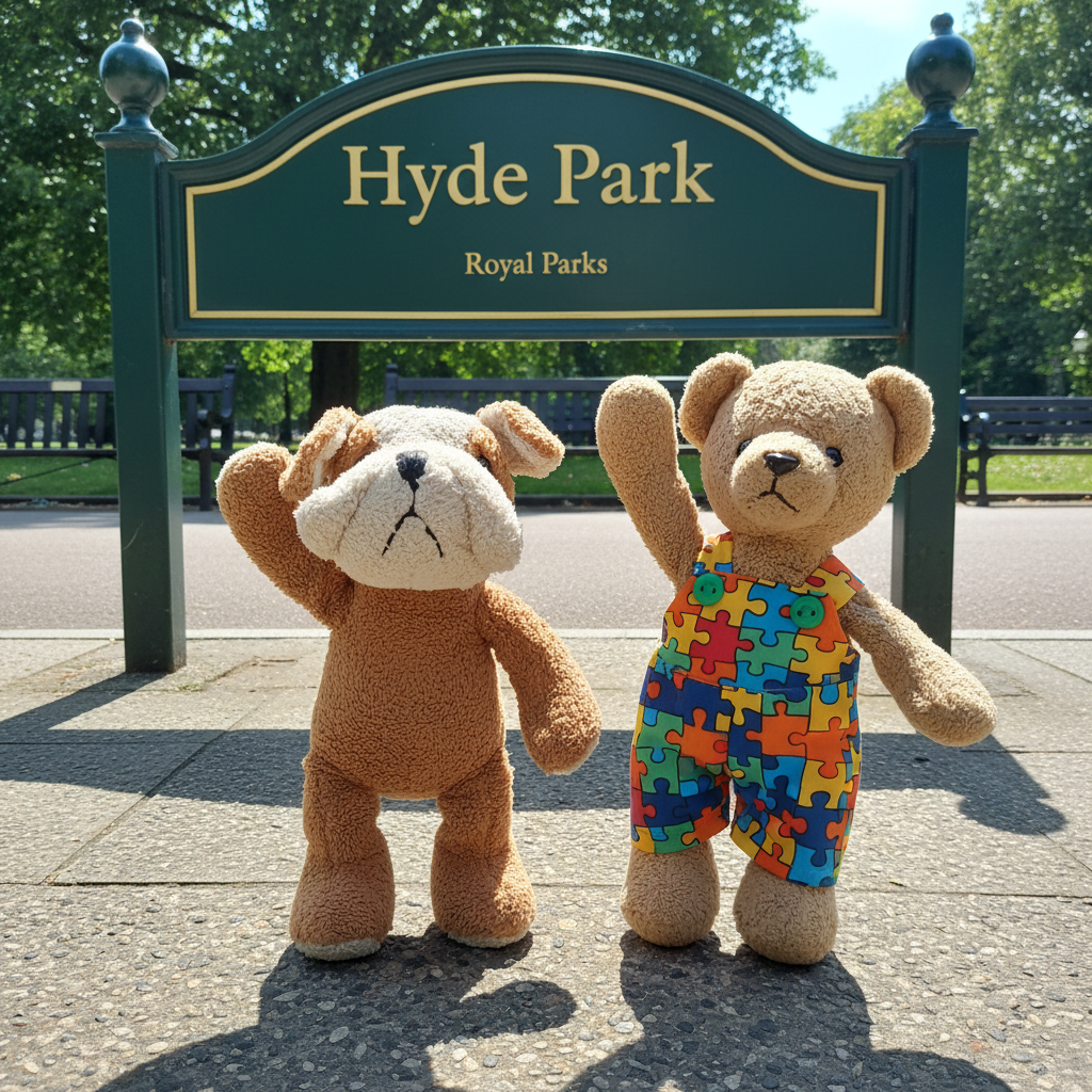 Two teddy bears standing in front of a 'Hyde Park' sign.