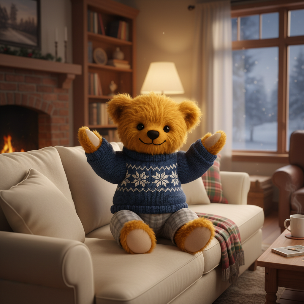 A plush golden-brown teddy bear wearing a navy blue knit sweater with a white snowflake pattern and plaid pants, sitting on a cream sofa in a cozy living room with a fireplace and window.