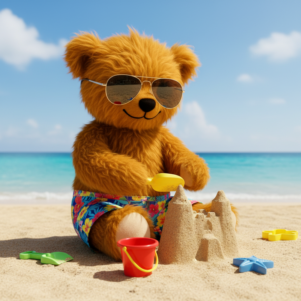 A golden-brown teddy bear wearing aviator sunglasses and colorful swim trunks sits on a sandy beach with the ocean and blue sky in the background. The bear is holding a yellow shovel and appears to be playing with sandcastles and beach toys.