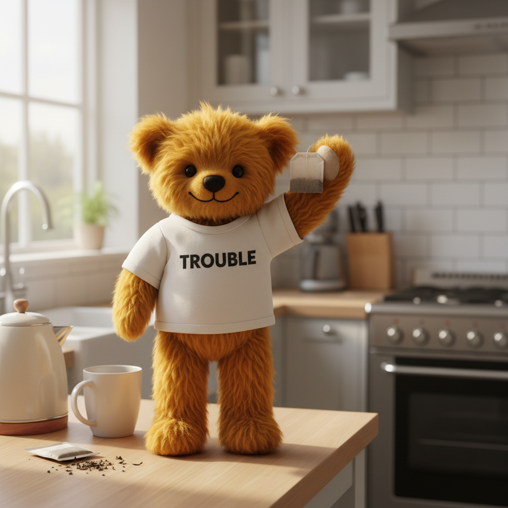 A golden-brown teddy bear plush toy wearing a white t-shirt with the word 'TROUBLE' printed in black, standing on a kitchen counter and holding a mug.