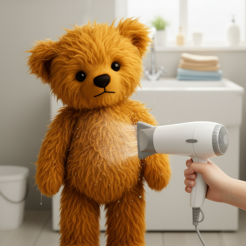 A fluffy golden-brown teddy bear stands in a bathroom-like setting while a human hand holds a white hair dryer against its body, with water droplets visible in the air.