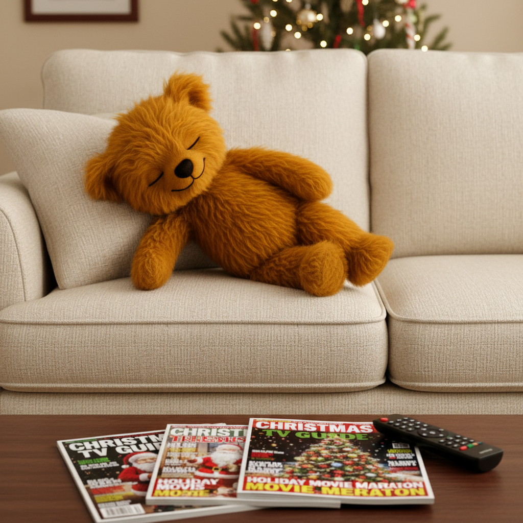 A golden-brown plush teddy bear with closed eyes is resting on a cream-colored fabric sofa. In the foreground, three Christmas-themed magazines are spread on a wooden table next to a black remote control, with a blurred Christmas tree in the background.
