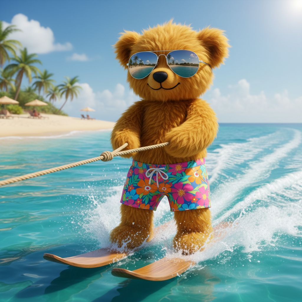 A golden-brown teddy bear wearing blue-tinted aviator sunglasses and colorful floral swim trunks stands on water skis, holding a rope in a sunny tropical beach setting.