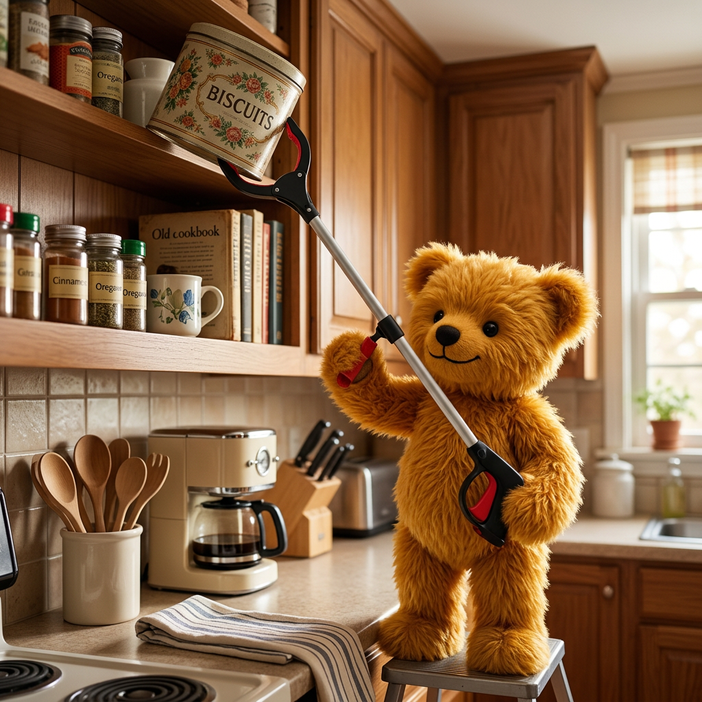 A golden-brown plush teddy bear stands on a small stool in a real kitchen, holding a long-handled reacher with a biscuit tin on a shelf.