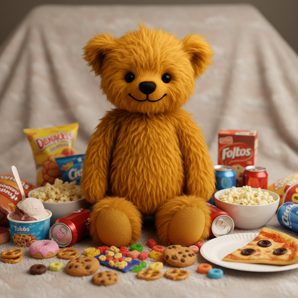 A golden-brown plush teddy bear sits centered on a beige fabric surface, surrounded by snacks and treats including popcorn bowls, cookies, pretzels, candy, soda cans, and a slice of pizza. Visible snack packaging includes Foltos and Tubbies.