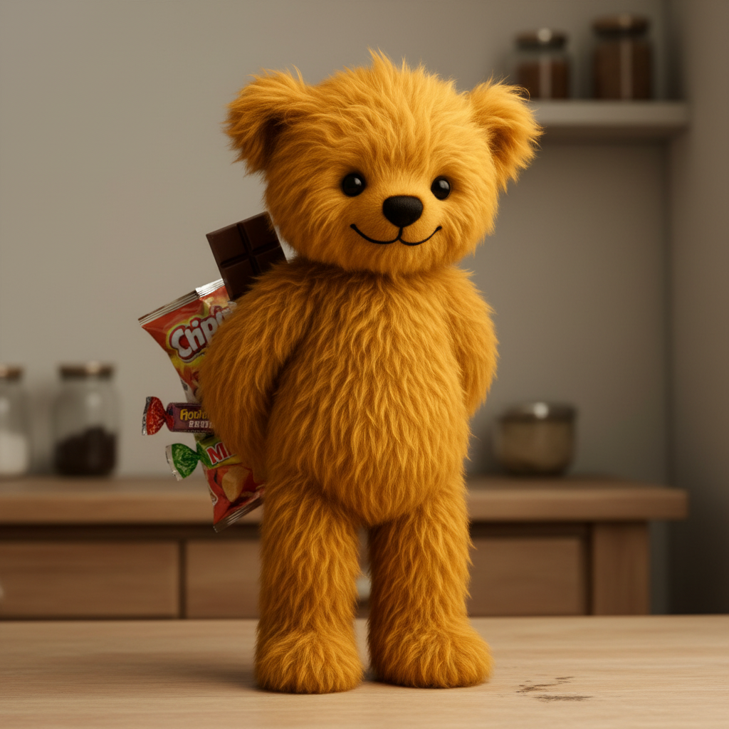 A golden-brown plush teddy bear standing on a wooden table in a kitchen setting, holding a bag of chips and a chocolate bar.