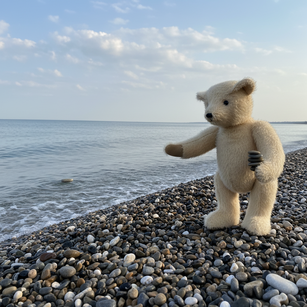A cream-colored plush teddy bear stands on a pebble beach next to the ocean under a blue sky with light clouds.