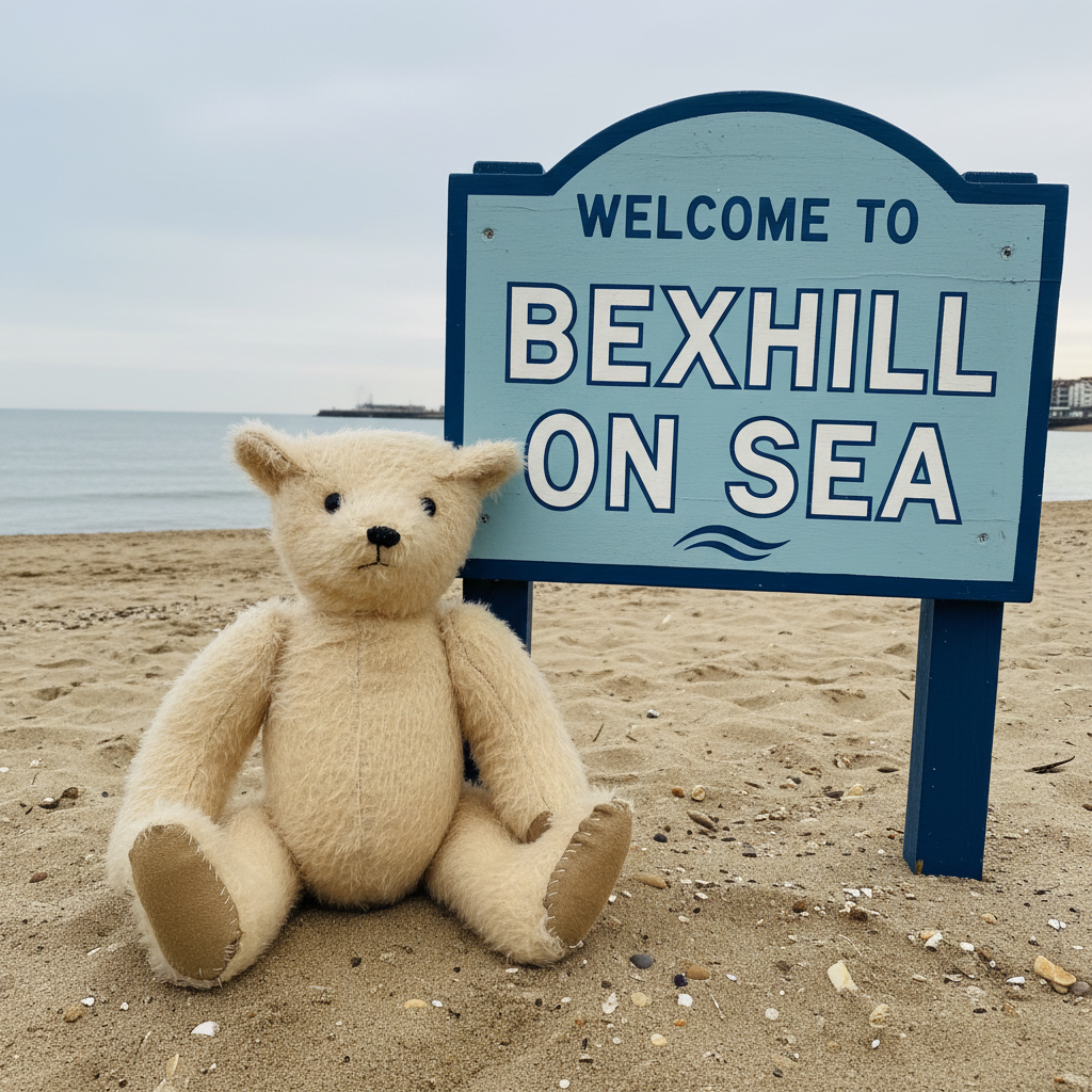 A cream-colored teddy bear sits on a sandy beach in front of a blue 'Welcome to Bexhill on Sea' sign, with the sea and overcast sky in the background.
