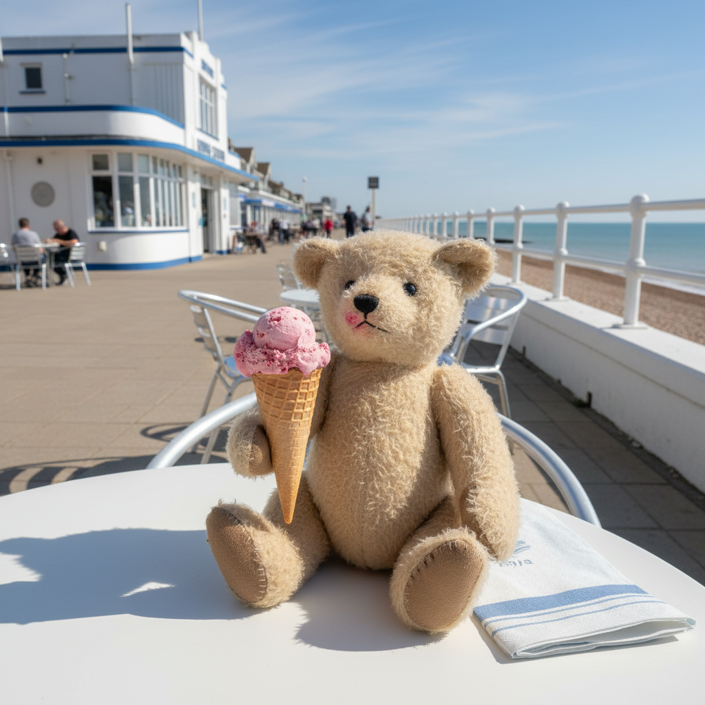 A plush teddy bear sits on a white table at a seaside cafe, holding a pink ice cream cone. The background shows a bright blue sky, ocean, and a white building on the promenade.