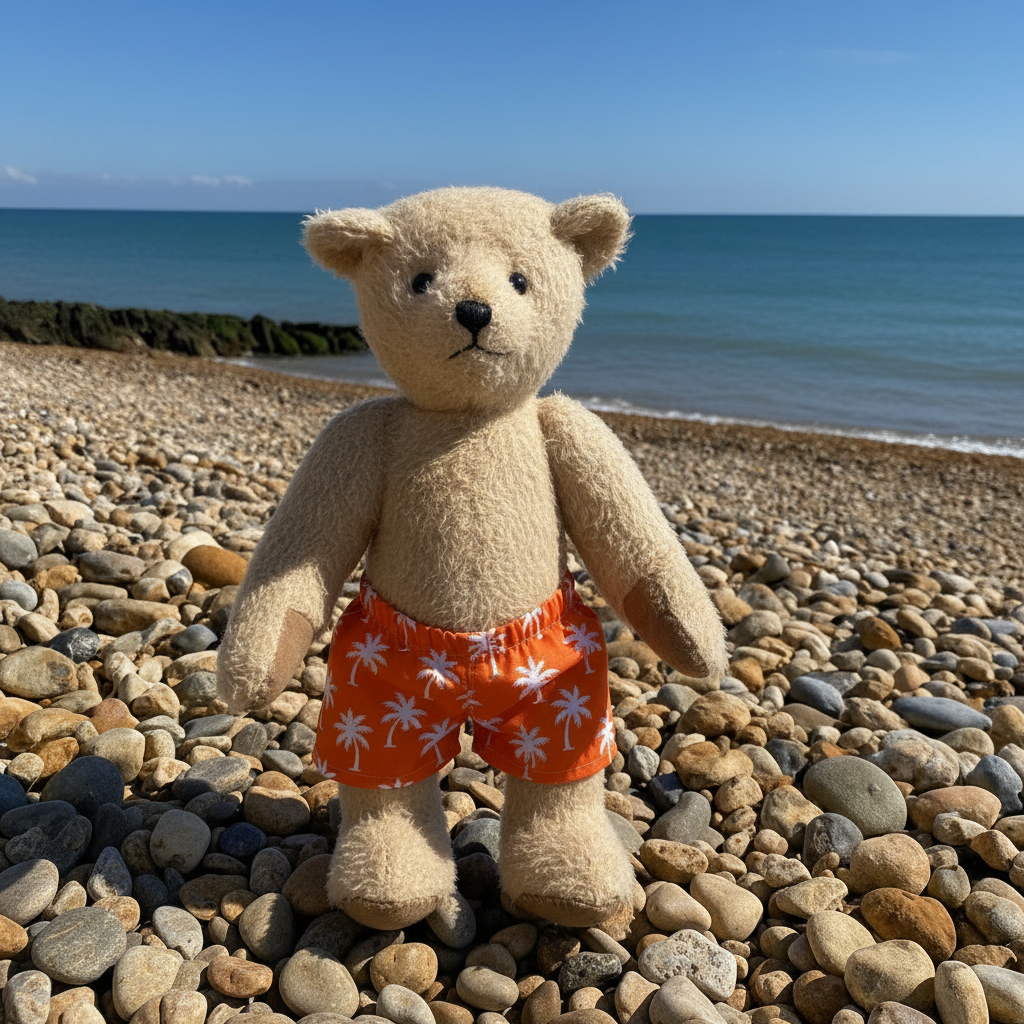A beige teddy bear wearing orange swim trunks with a white palm tree pattern, standing on a pebble beach with the blue sea and sky in the background.