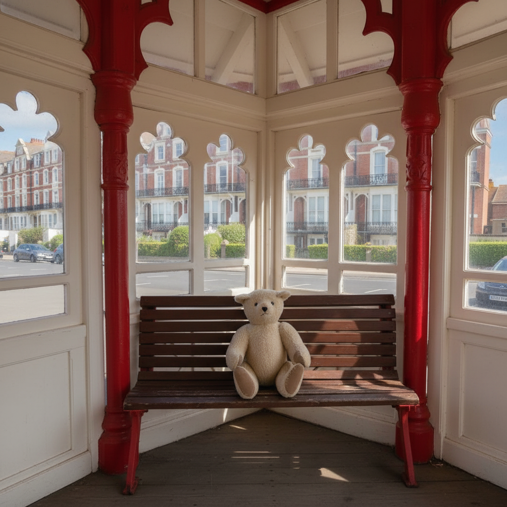 A cream-colored plush teddy bear sits on a dark wooden bench inside a white and red gazebo structure, with a street scene visible through the arched windows behind it.