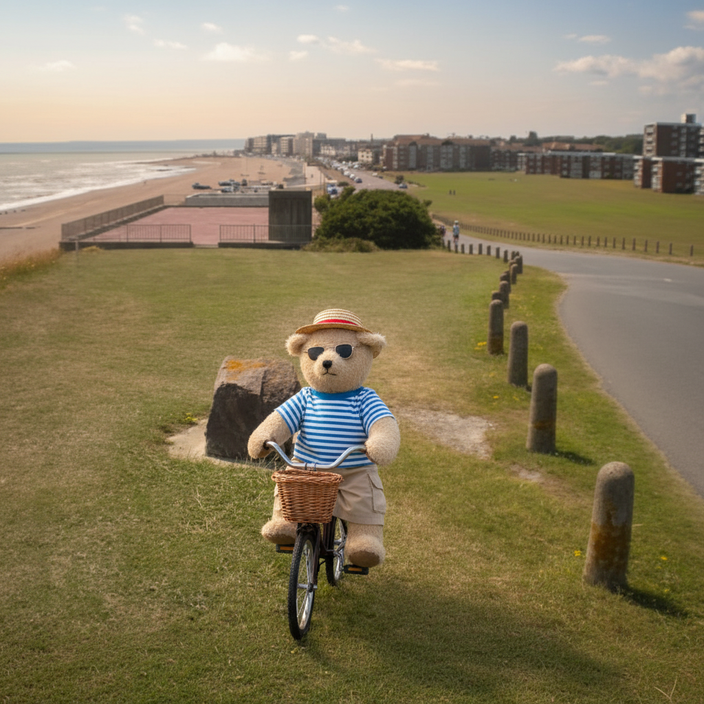 A teddy bear wearing a blue-and-white striped shirt and straw hat rides a small bicycle on a grassy coastal path, with a beach, road, and buildings visible in the background.