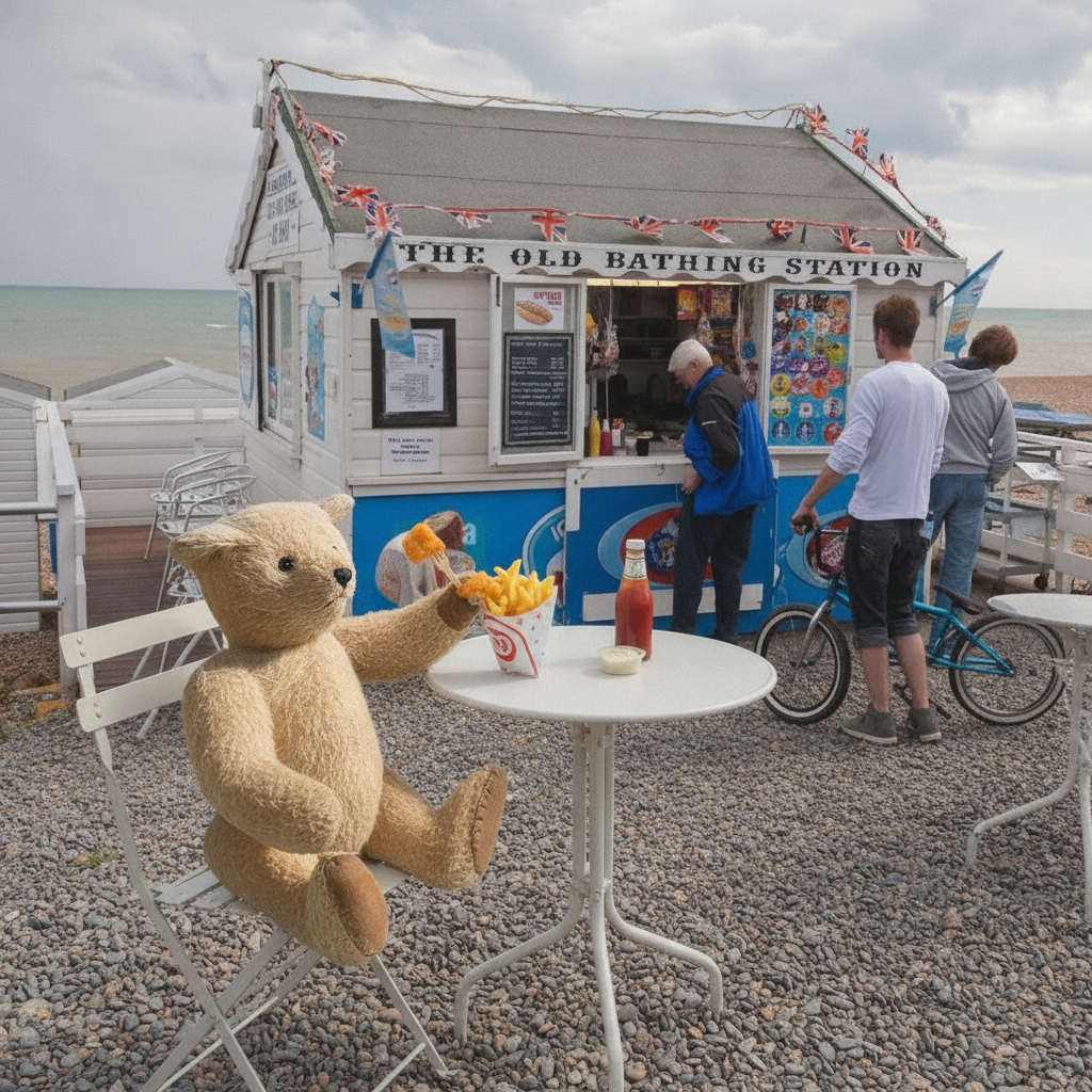 A teddy bear sits at a small white table on a gravel beachside patio, reaching toward fries and a ketchup bottle. A beach food cart labeled 'The Old Bathing Station' stands behind, with people standing nearby and the sea in the background.