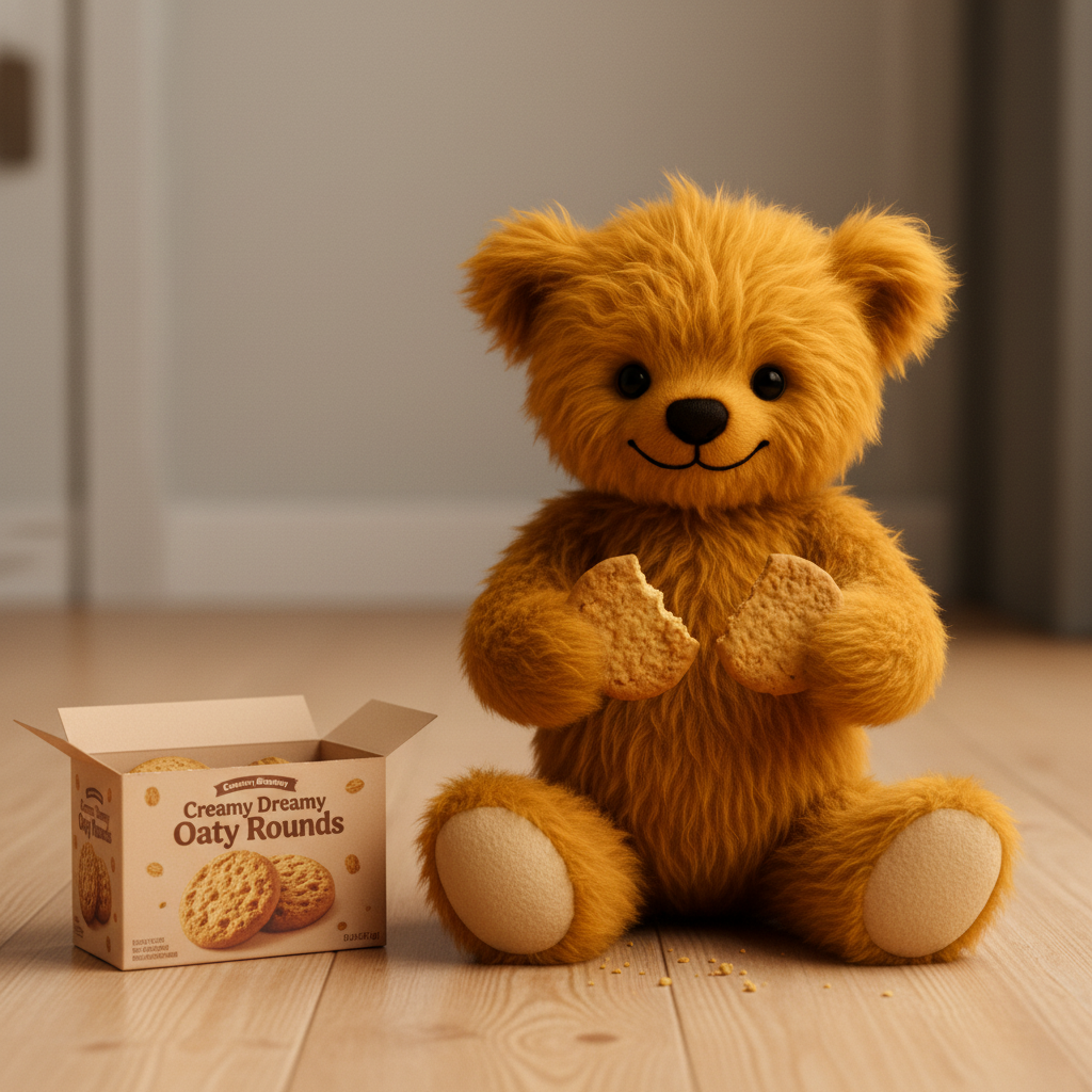 A golden-brown plush teddy bear sits on a light wood floor holding a broken round biscuit, next to an open box of Creamy Dreamy Oaty Rounds cookies.