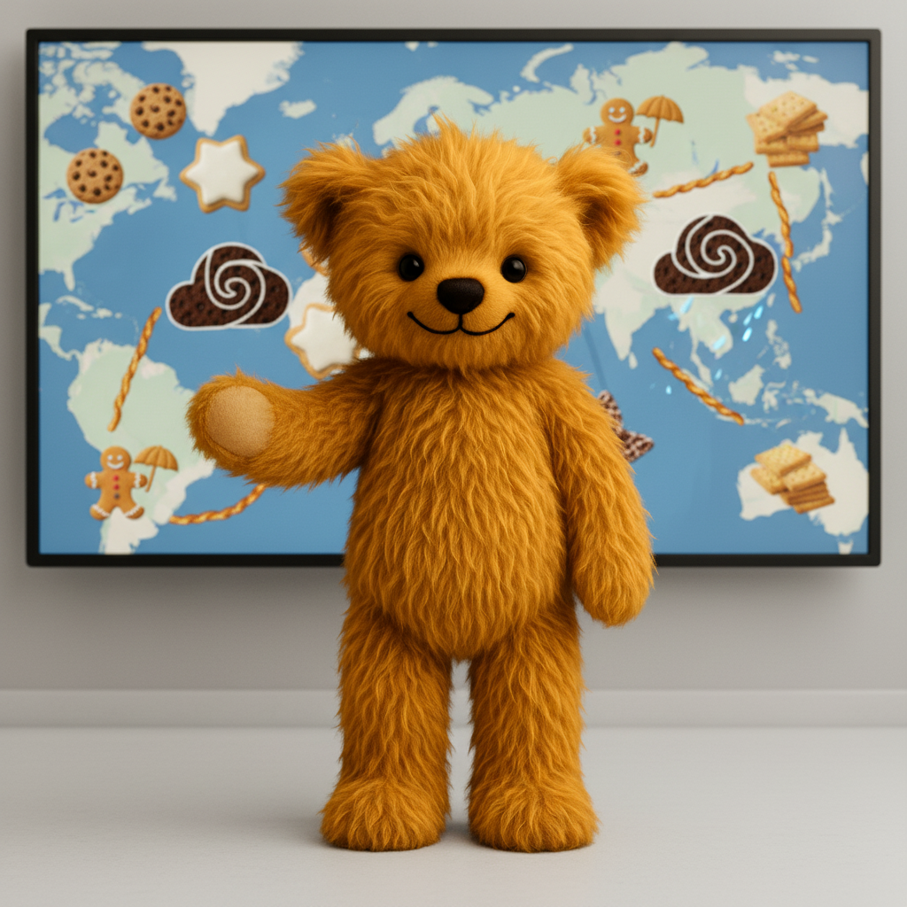 A golden-brown plush teddy bear stands in front of a framed world map artwork decorated with cookies, gingerbread men, and swirls, set against a light gray wall and floor.