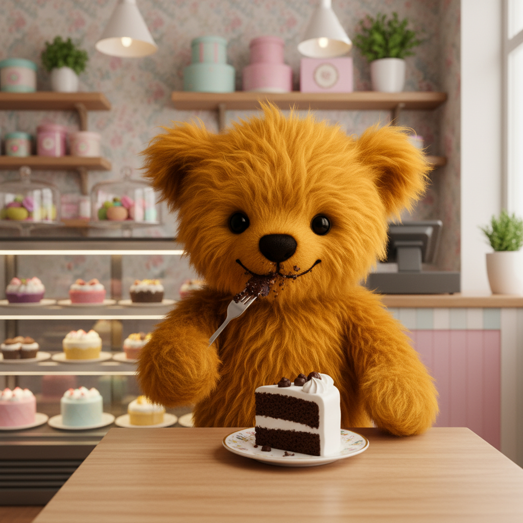 A fluffy golden-brown teddy bear sits at a wooden table in a bakery setting, holding a fork with frosting on it in front of a slice of chocolate cake on a plate.