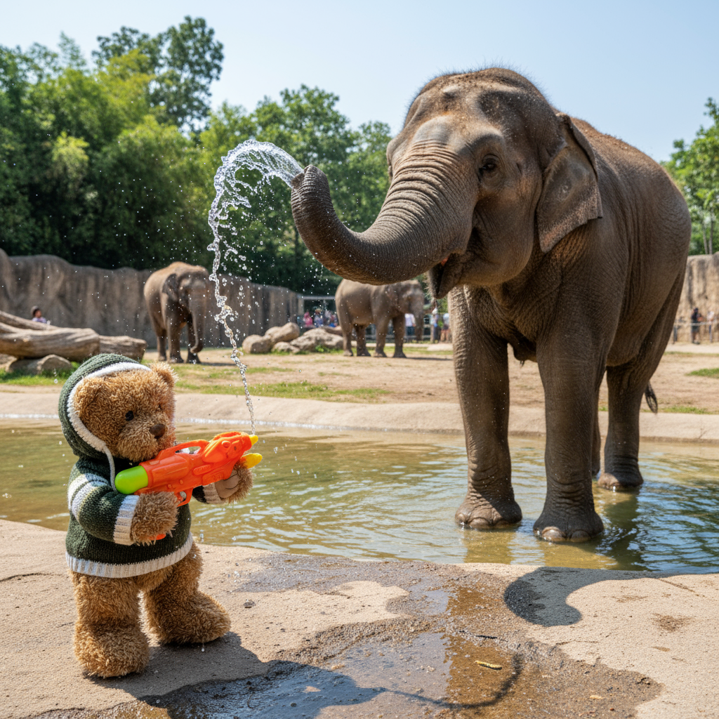 A teddy bear wearing a green and white knit hoodie holds an orange water gun in a zoo enclosure, spraying water toward a large elephant standing in shallow water. Other elephants are visible in the background among trees and rock structures.