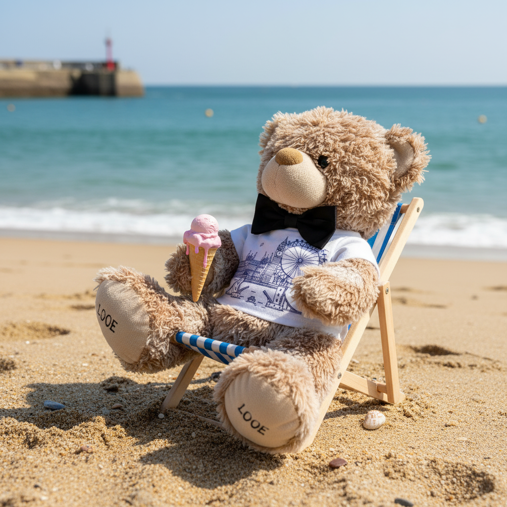 Teddy bear with an ice cream cone sitting in a deck chair on a sandy beach.
